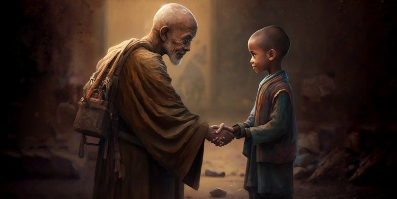 Старый монах держит за руку мальчика