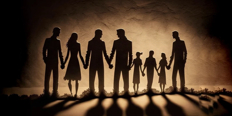 Silhouettes of people clutching each other's hands