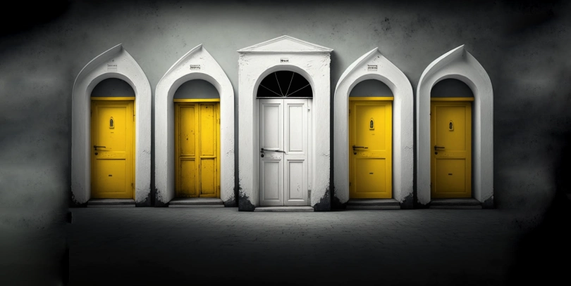 Four yellow doors and one white door