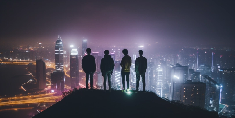Друзья стоят на крыше с видом на ночной городской пейзаж