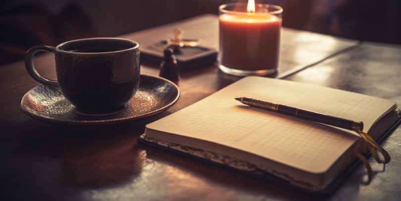 A diary and a cup of tea on the table