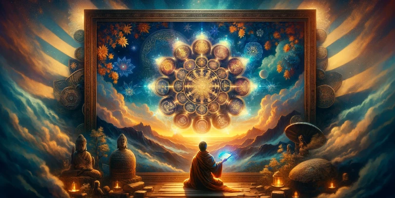 A monk meditates in front of a cosmic mandala